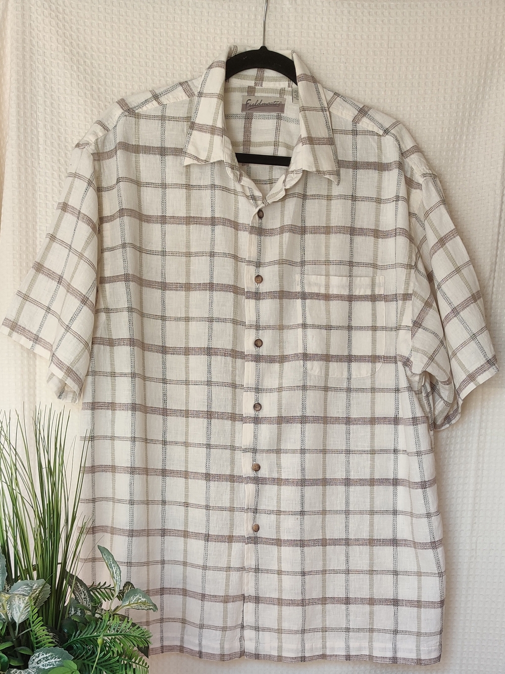 Fieldmaster Men's Cream/Tan Plaid Casual Button Down Shirt Size XL